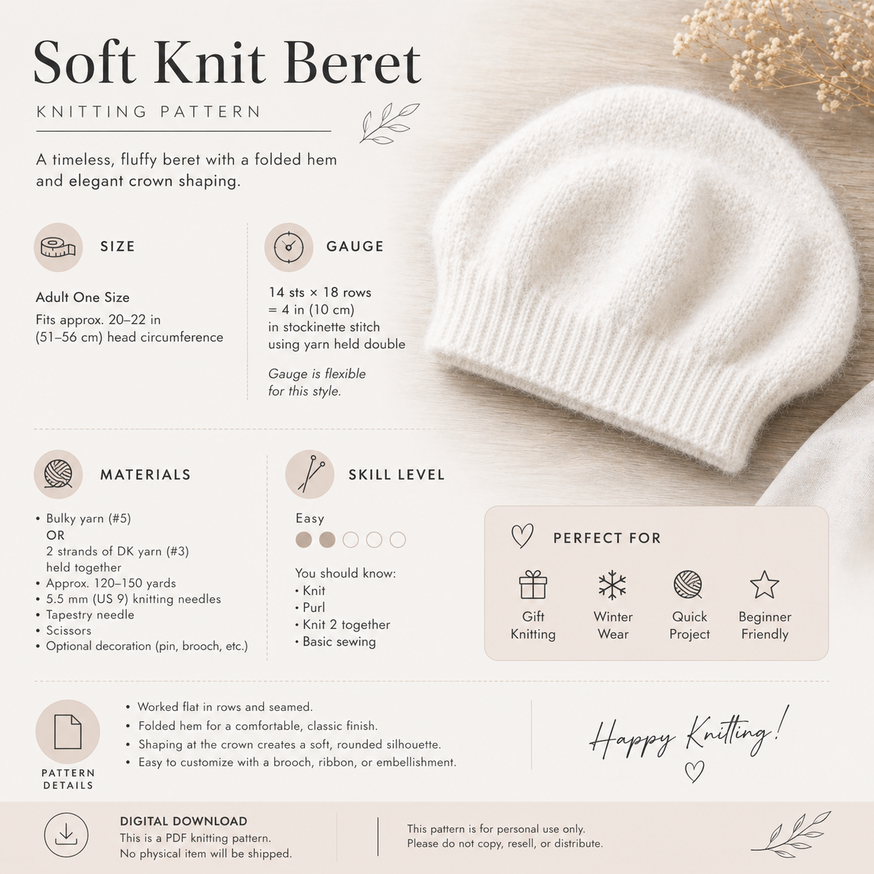 Soft Knit Beret Pattern