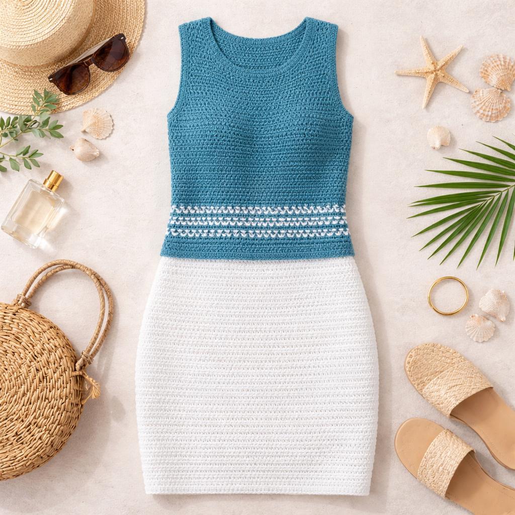 Crochet Shell Top and Skirt Pattern, Vintage Summer Outfit Set, English German