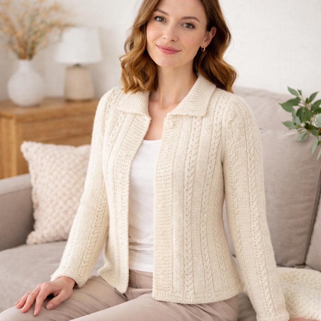 Woman wearing a cream cable knit cardigan sitting on a couch in a cozy living room.