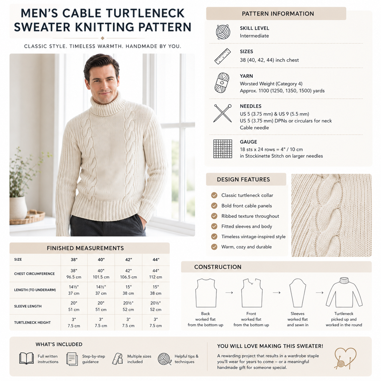 Men’s Cable Turtleneck Sweater Knitting Pattern
