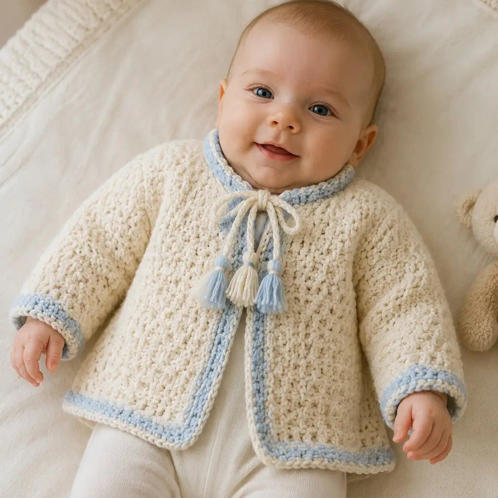 Baby wearing a crocheted cardigan with blue trim on a soft surface