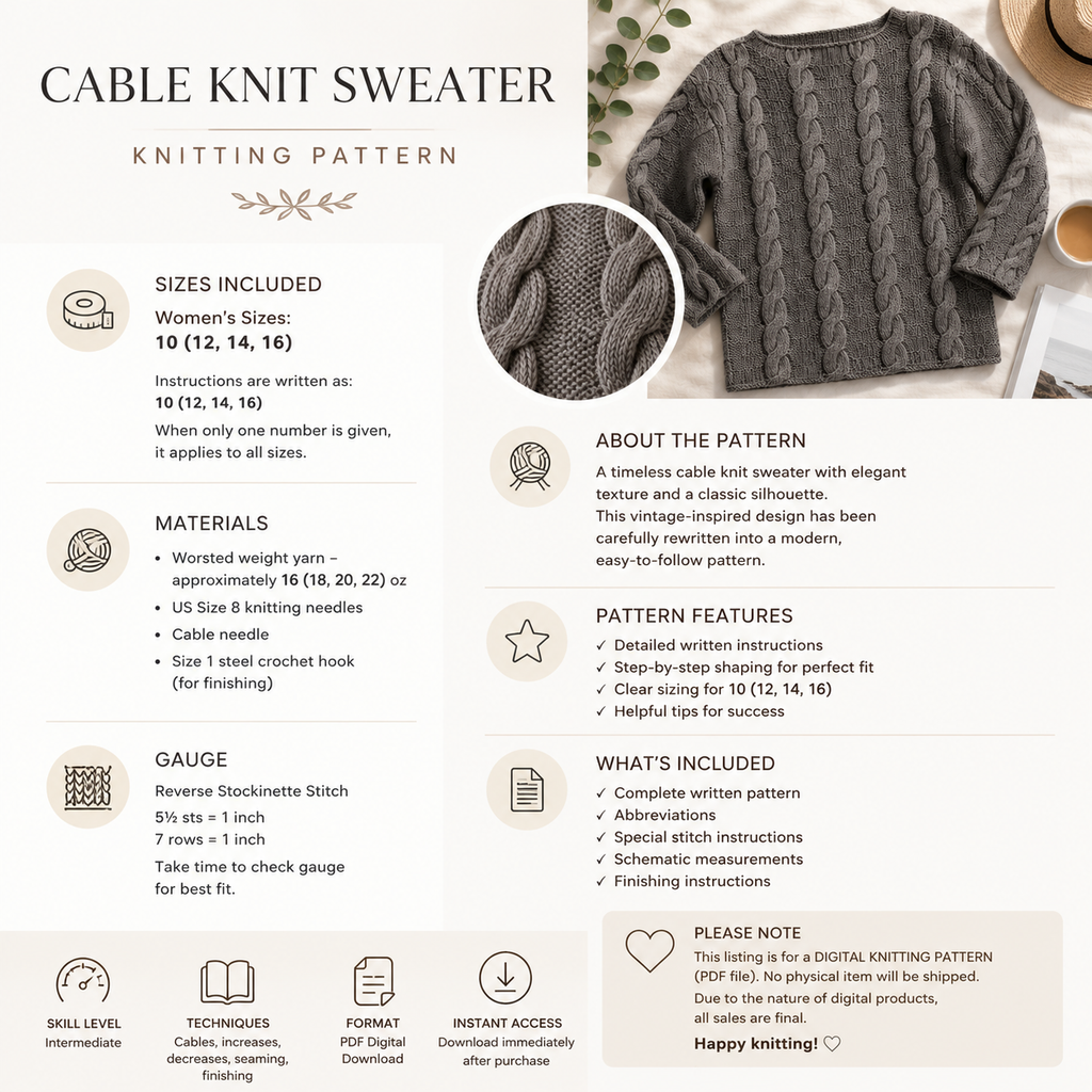 Cable Knit Pullover Knitting Pattern