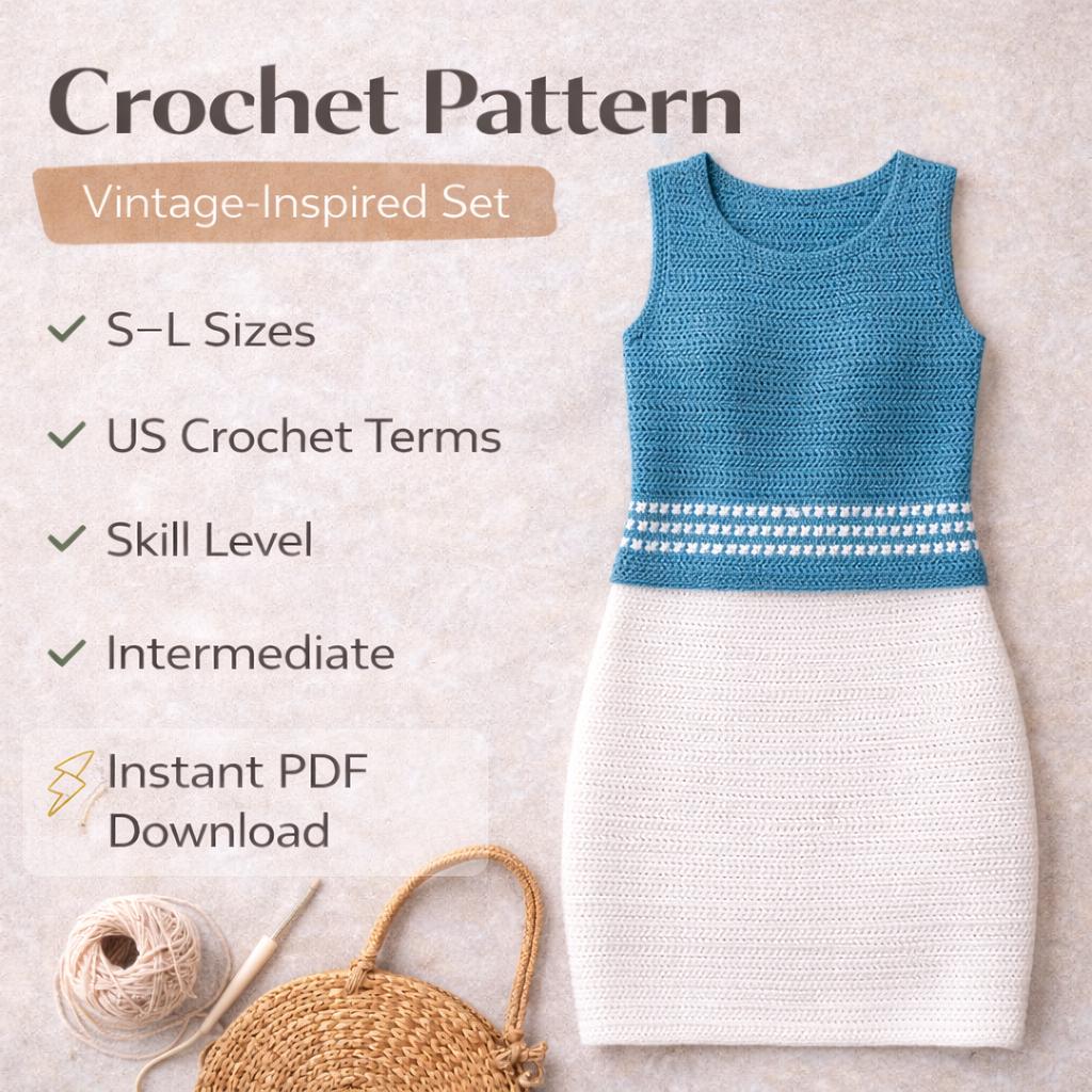 Crochet Shell Top and Skirt Pattern, Vintage Summer Outfit Set, English German