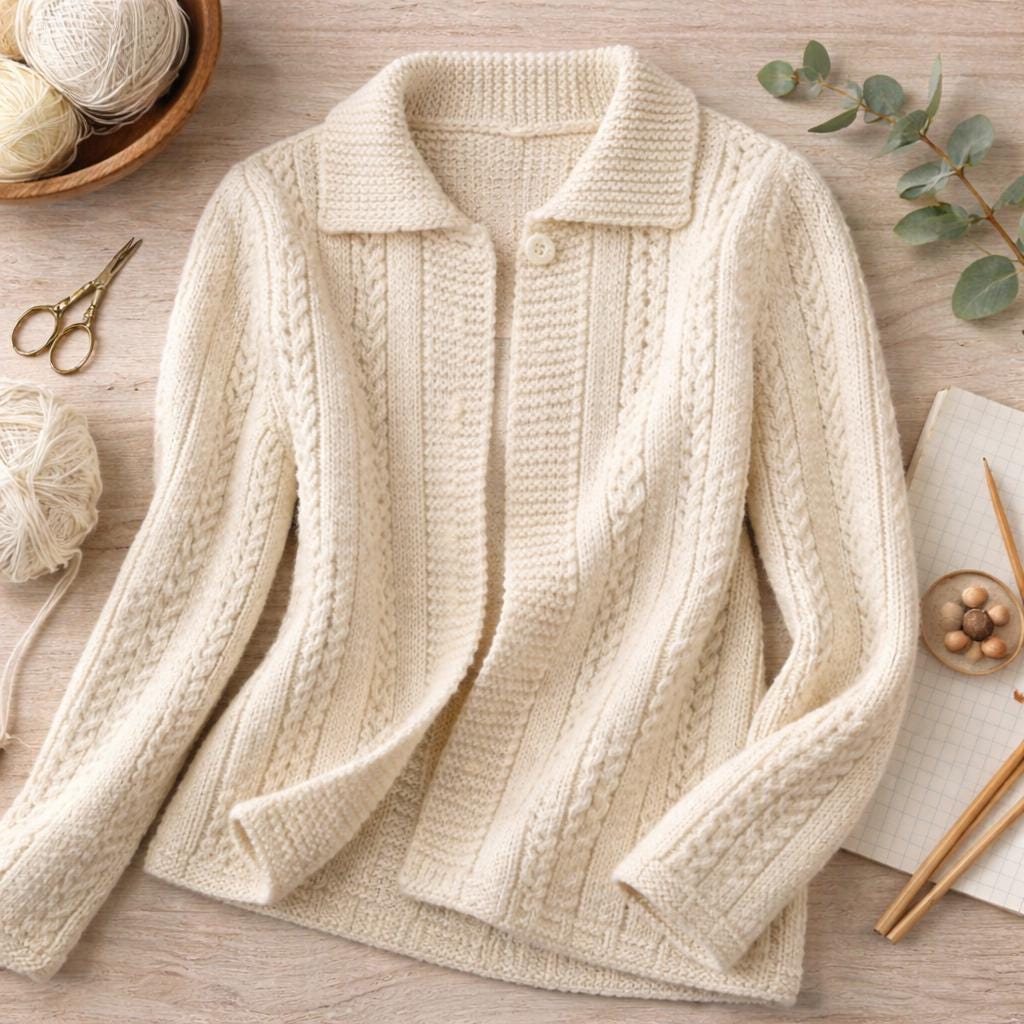 Knitted beige cardigan on a wooden surface with yarn and knitting tools.