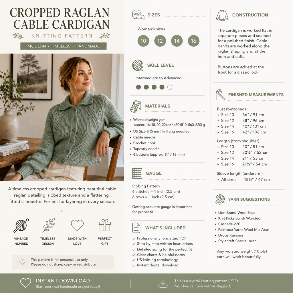 Cropped Raglan Cable Cardigan Knitting Pattern