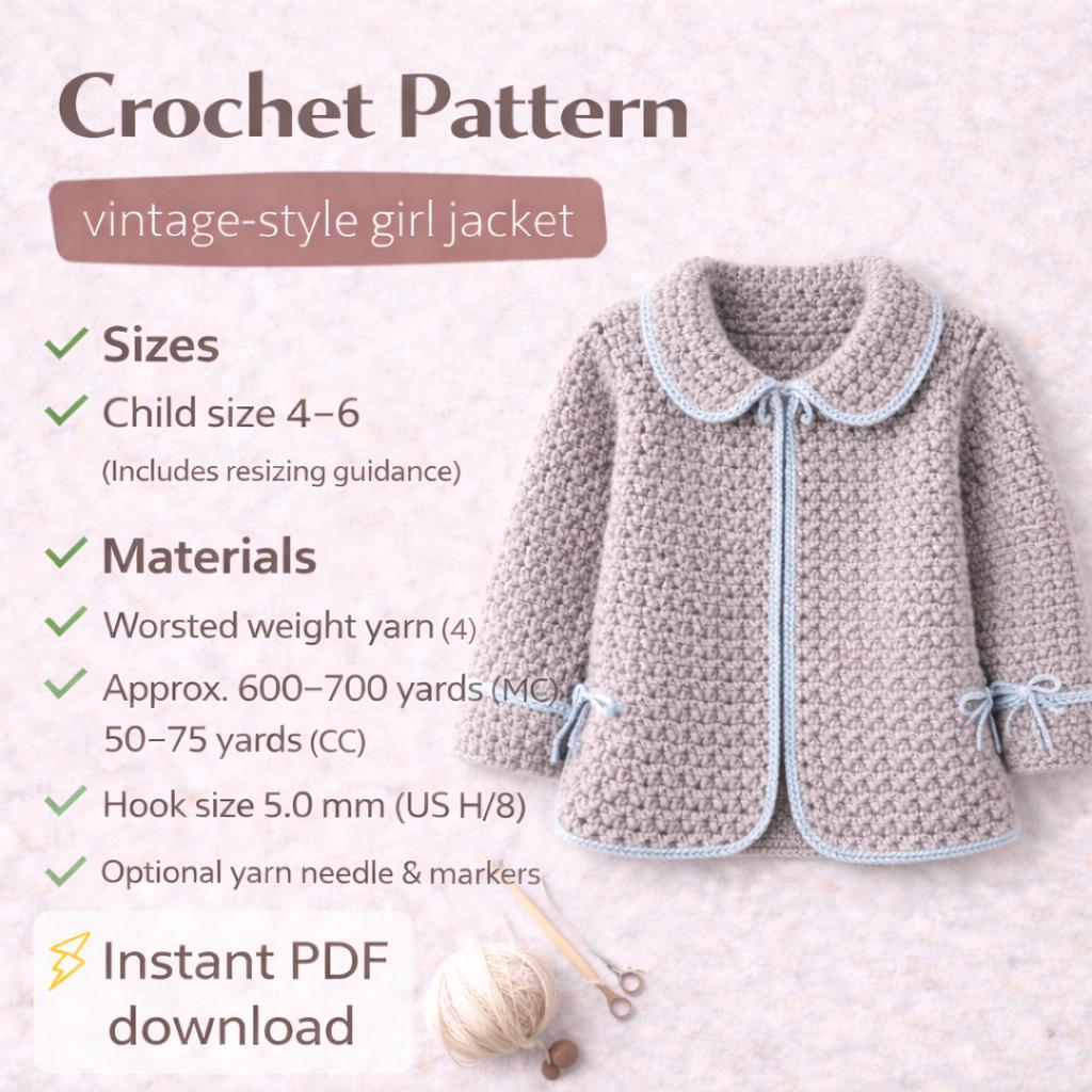Crochet Girl Jacket Child Cardigan with Collar Pattern