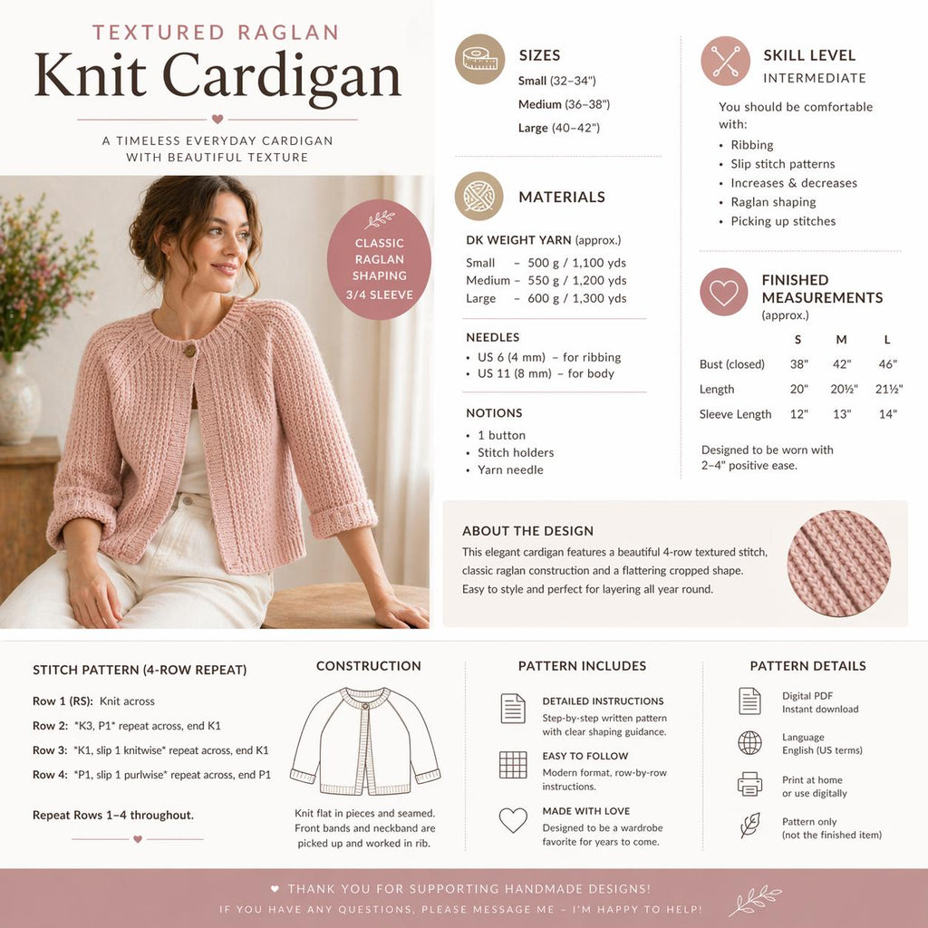 Textured Raglan Knit Cardigan Pattern
