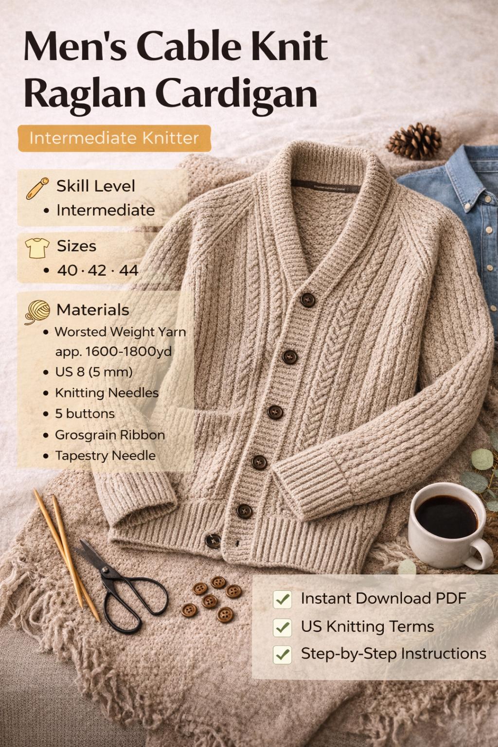 Men’s Raglan Cardigan Knitting Pattern