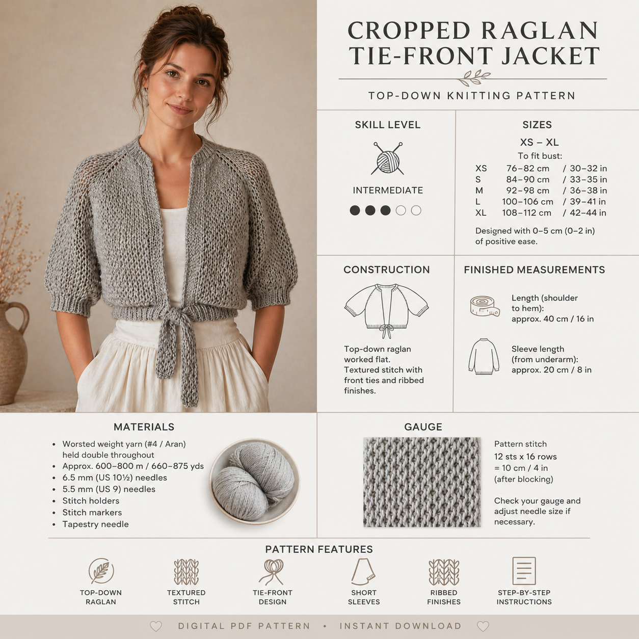 Cropped Raglan Knit Jacket Pattern