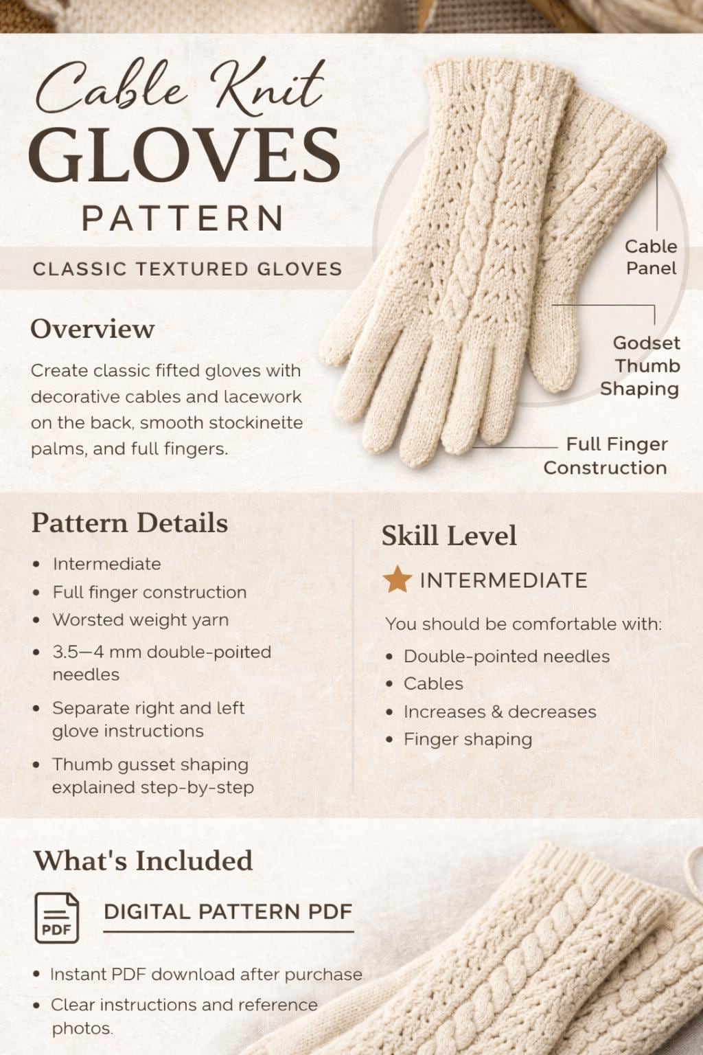 Cable Knit Gloves Classic Fingered Textured Pattern