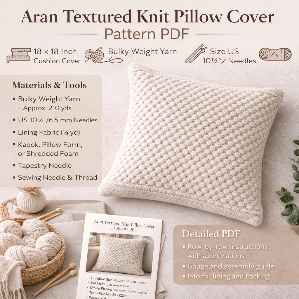 Aran Knit Pillow Cover Pattern, Textured Cushion