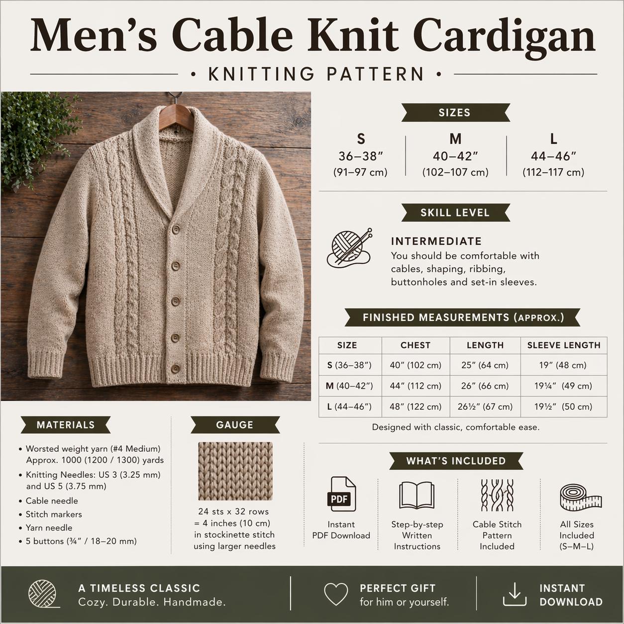 Men’s Cable Knit Cardigan Pattern