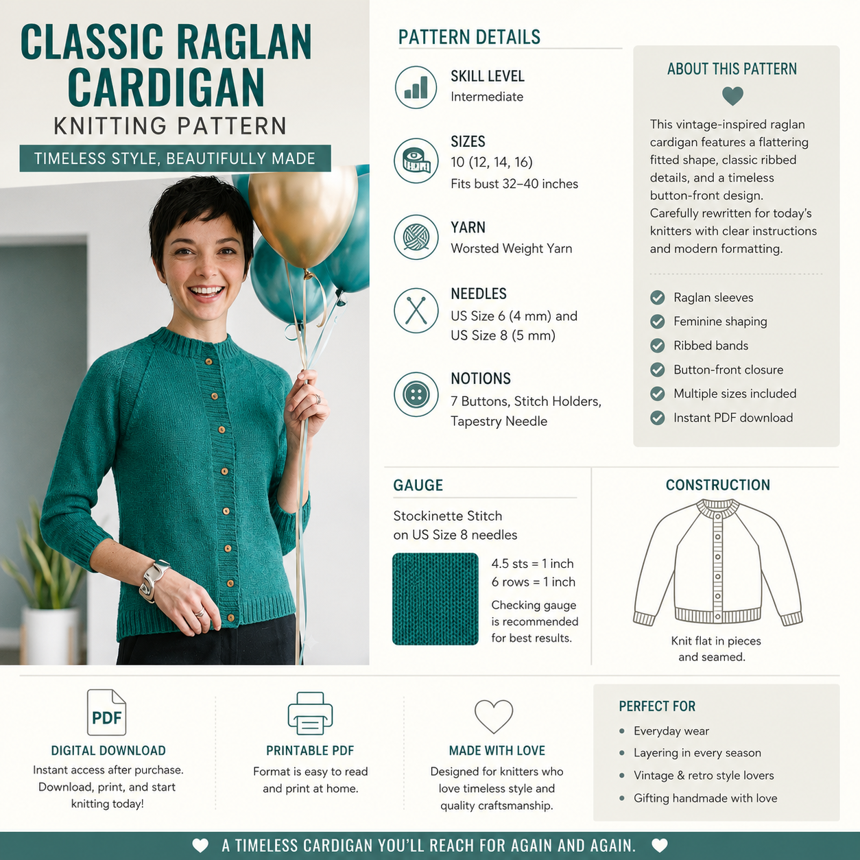Classic Raglan Cardigan Knitting Pattern
