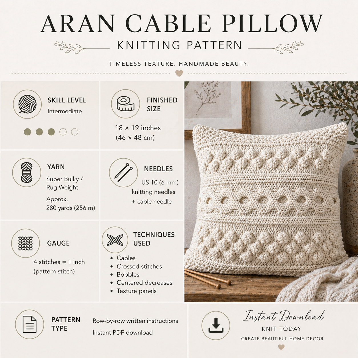 Aran Cable Pillow Knitting Cover Pattern