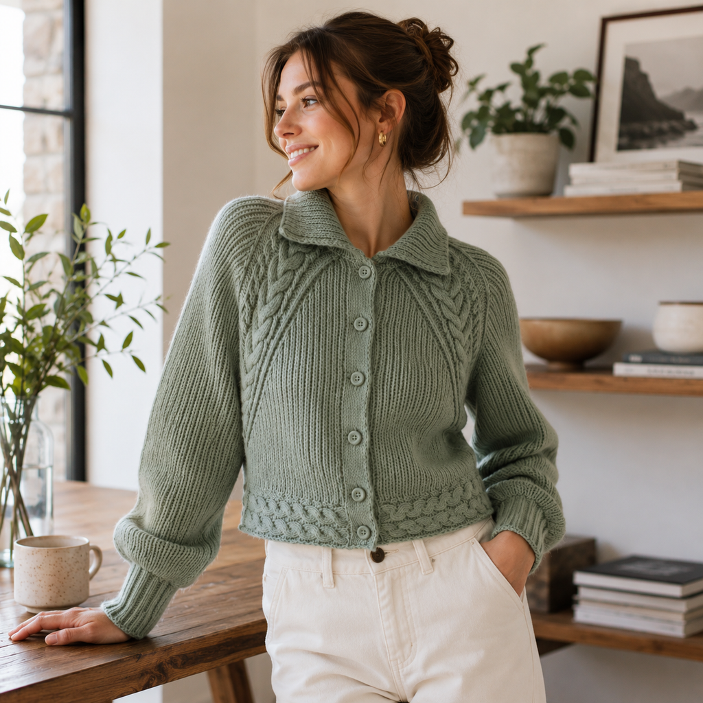 Cropped Raglan Cable Cardigan Knitting Pattern