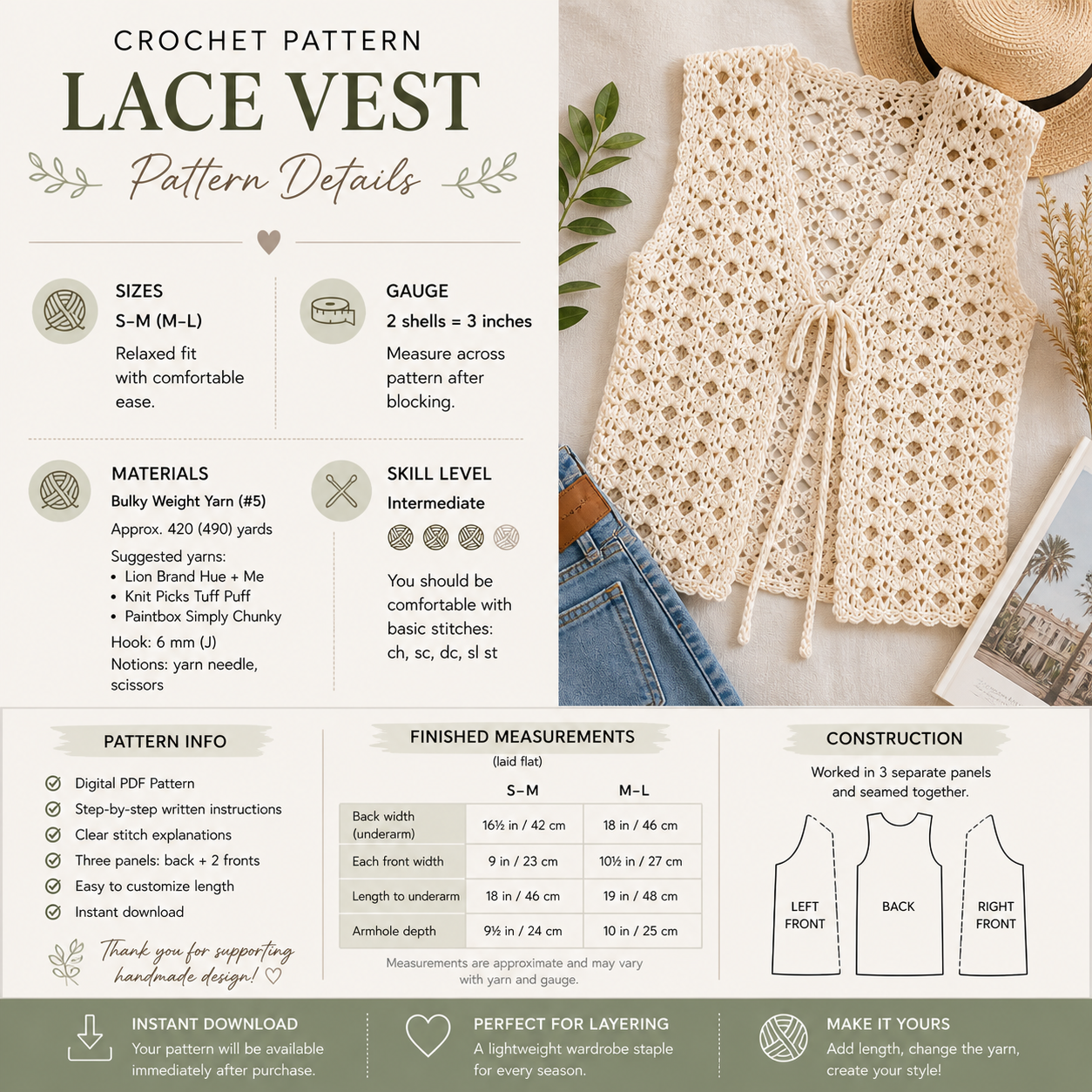 Crochet Vest Pattern, Summer Lace Boho Sleeveless Top