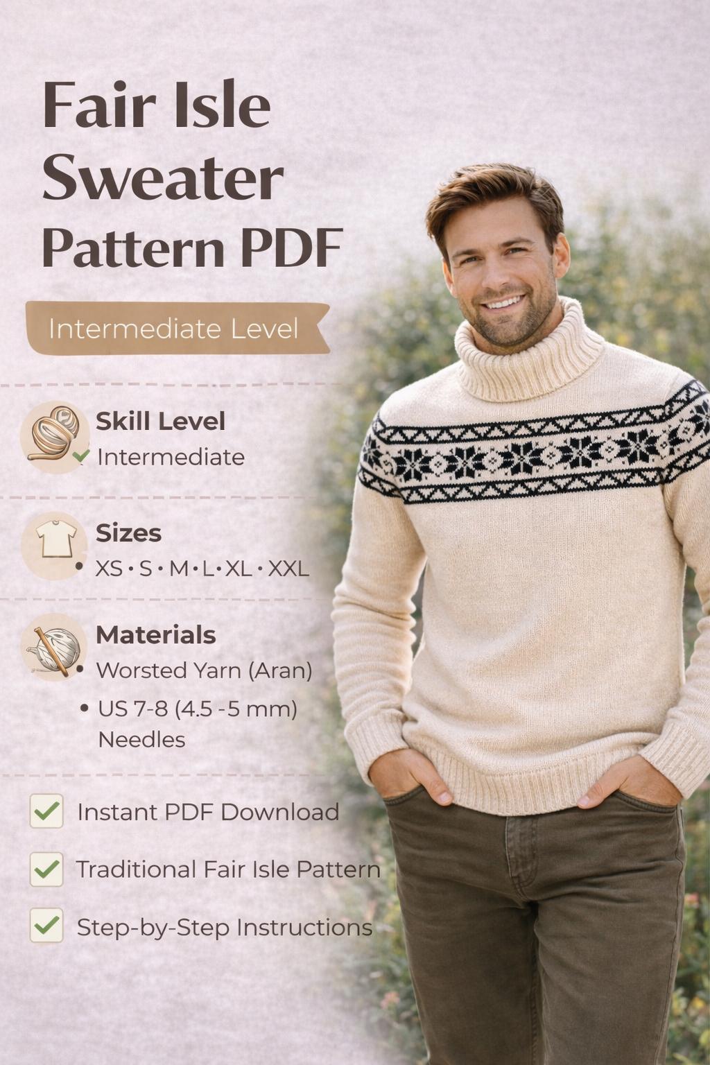 Men Fair Isle Sweater Knitting Nordic Colorwork Pullover Pattern