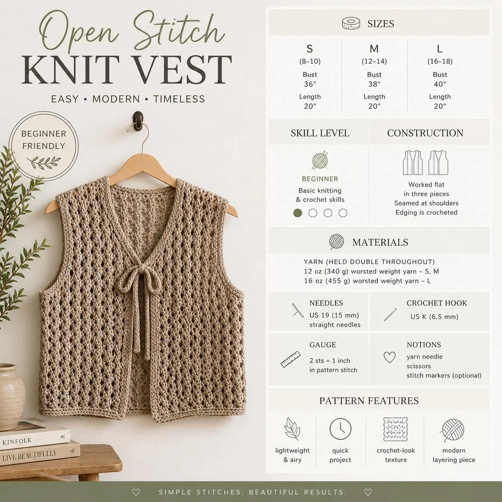 Beginner Knit Vest Pattern, Open Stitch Sleeveless Top