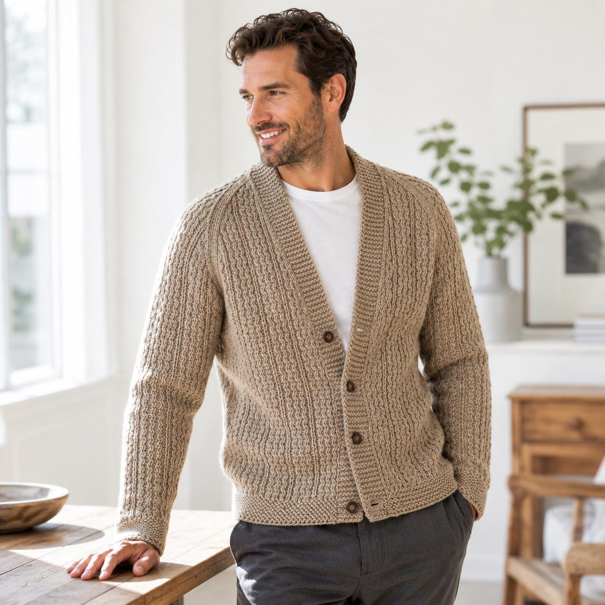 Men’s Raglan Cardigan Classic Knitting Pattern