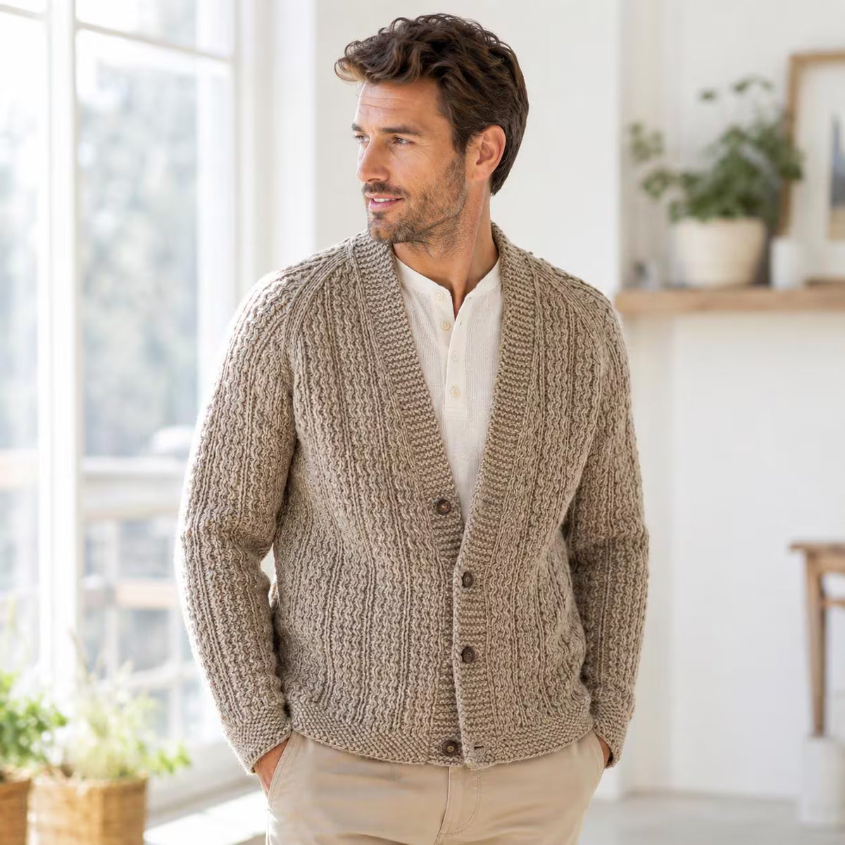 Men’s Raglan Cardigan Classic Knitting Pattern