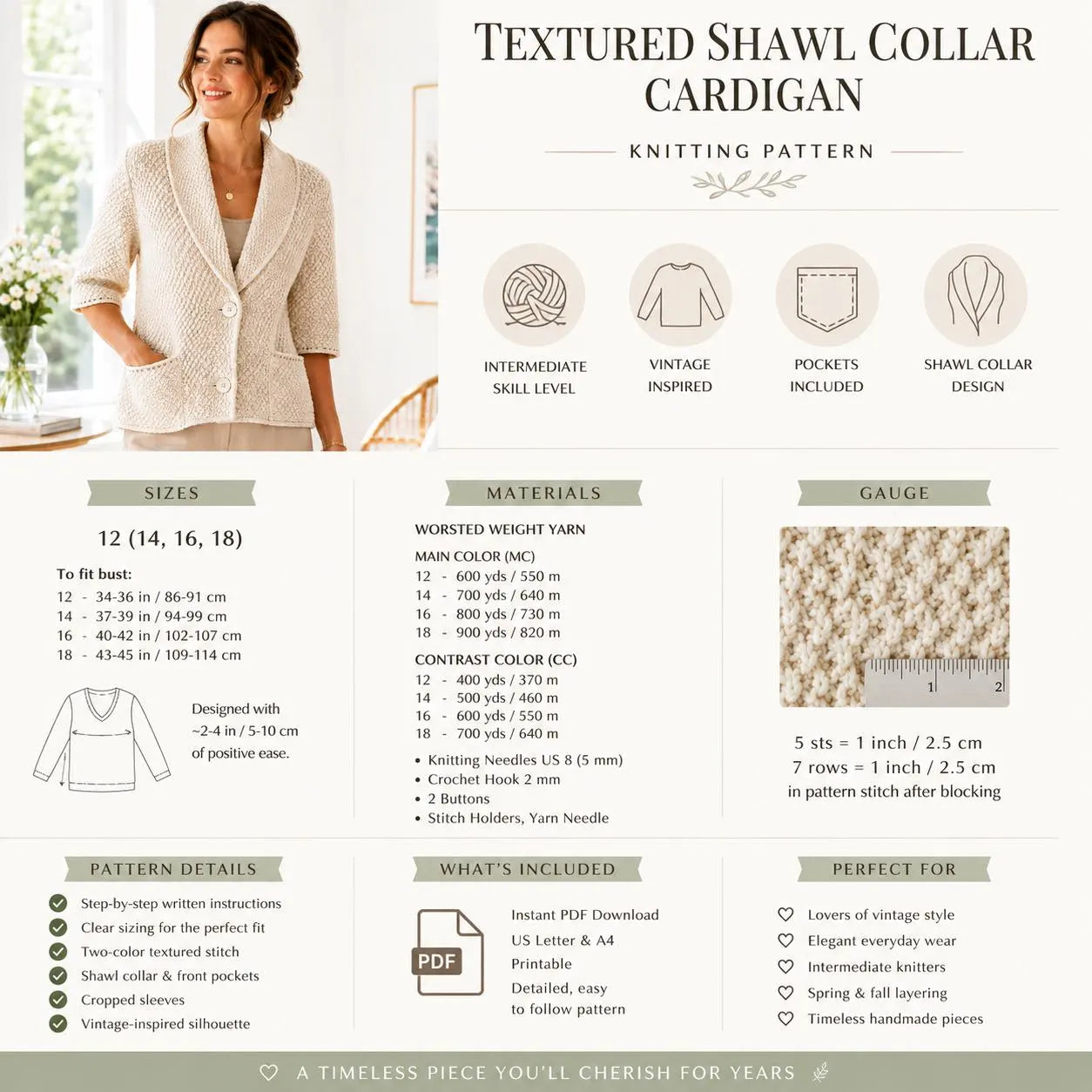 Textured Shawl Collar Cardigan Knitting Pattern