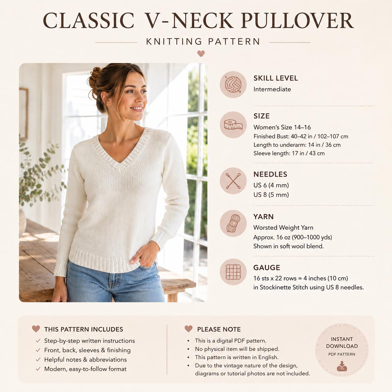 Classic V-Neck Sweater Knitting Pattern