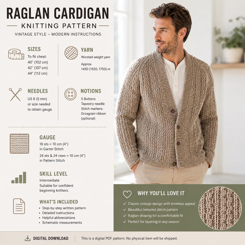 Men’s Raglan Cardigan Classic Knitting Pattern