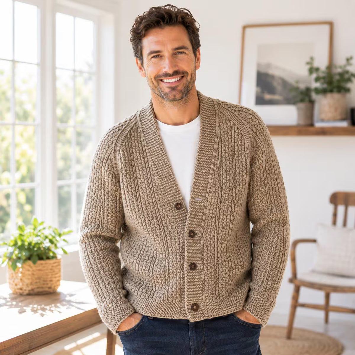 Men’s Raglan Cardigan Classic Knitting Pattern