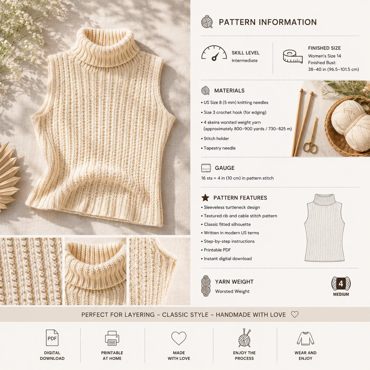 Ribbed Turtleneck Shell Knitting Pattern