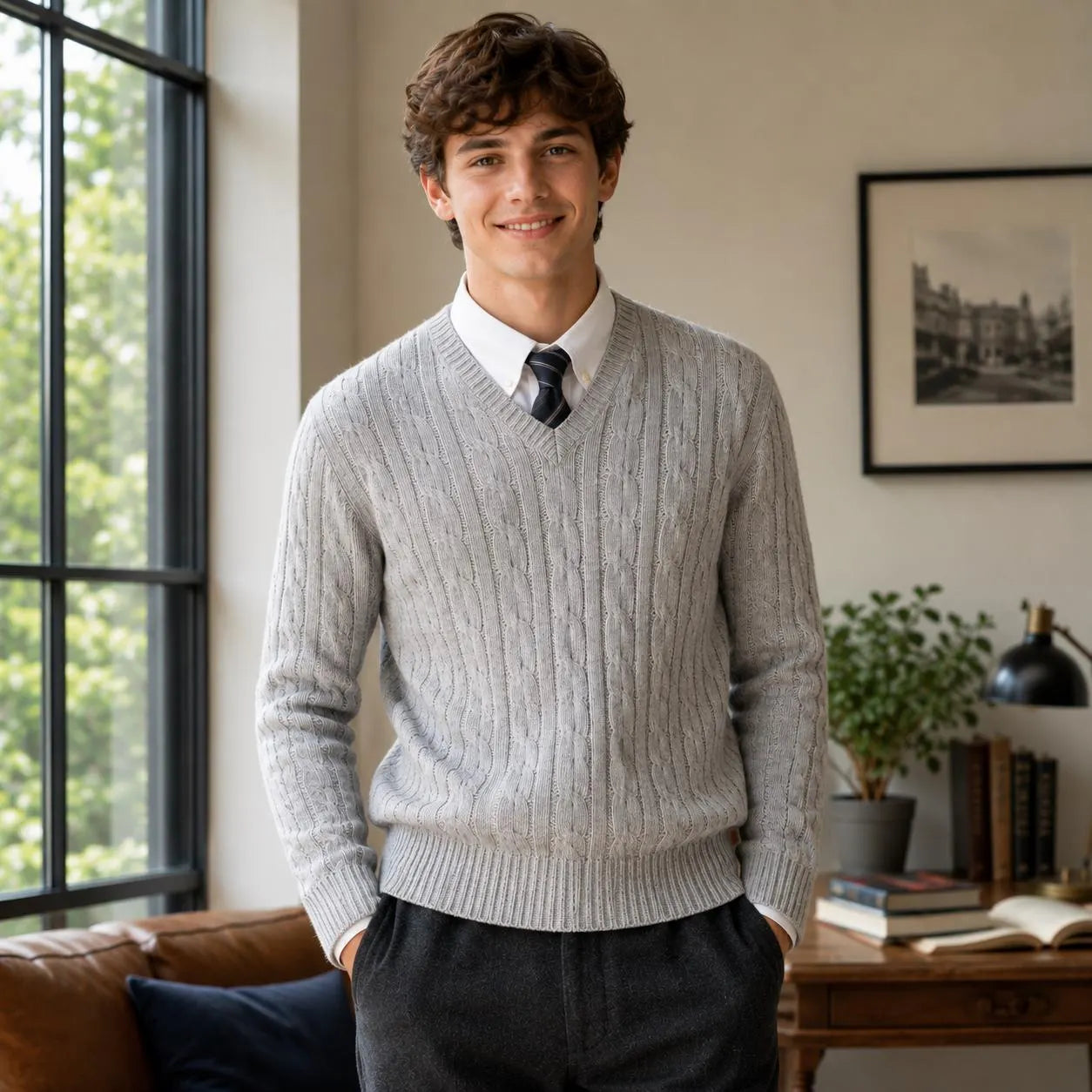 Men's Cable Slipover Knitting Pattern, V-Neck Sweater Pullover