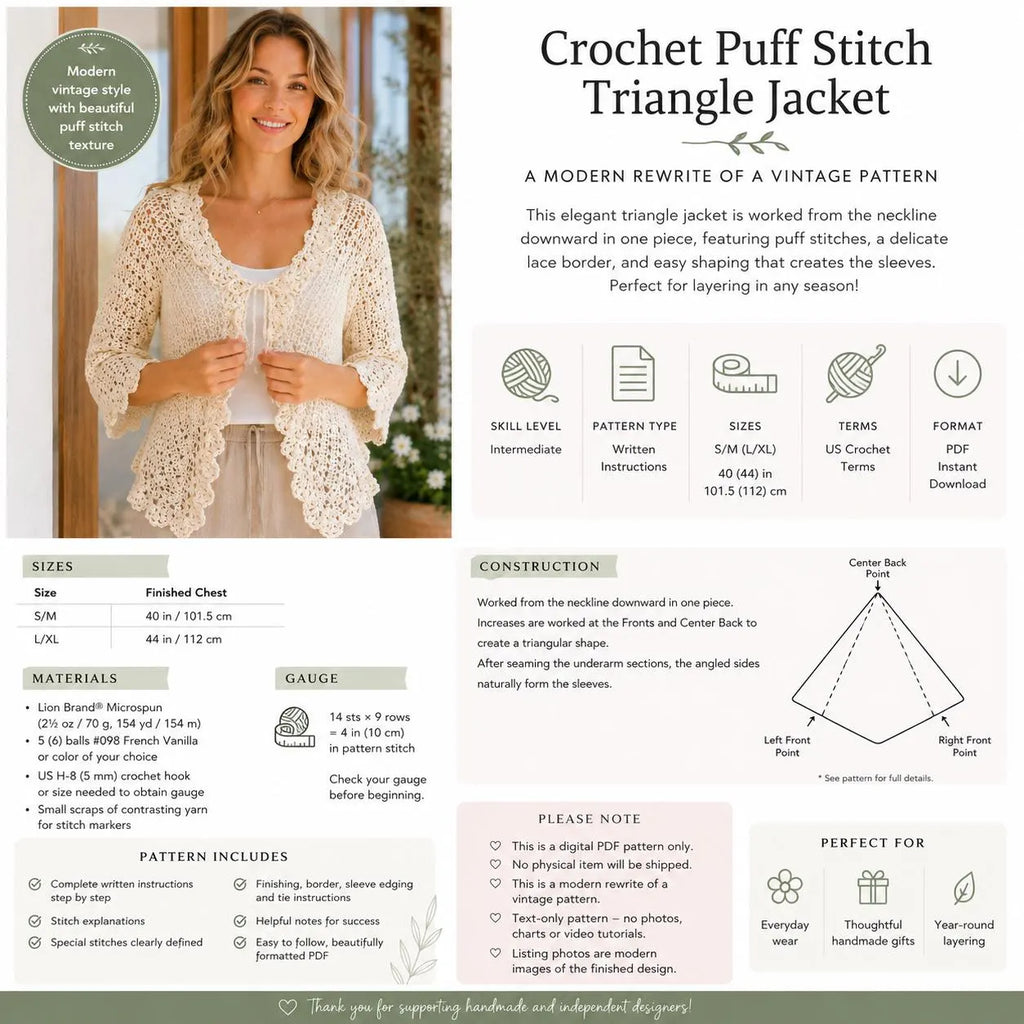 Crochet Triangle Jacket Pattern, Puff Stitch Cardigan Sweater