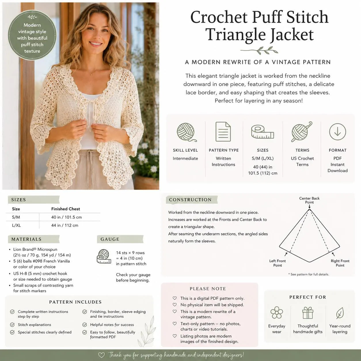 Crochet Triangle Jacket Pattern, Puff Stitch Cardigan Sweater