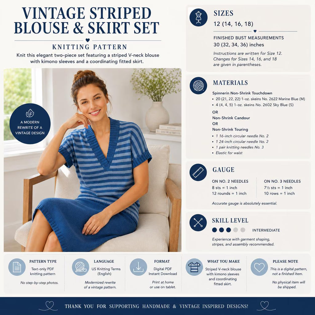 Vintage Striped Blouse & Skirt Knitting Pattern