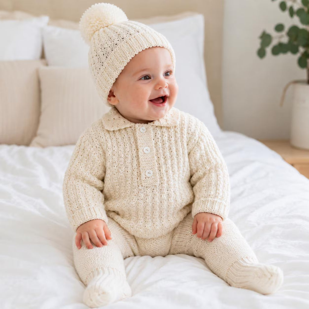 Baby Knitting Pattern Set, Textured Pullover, Leggings and Pom Pom Hat