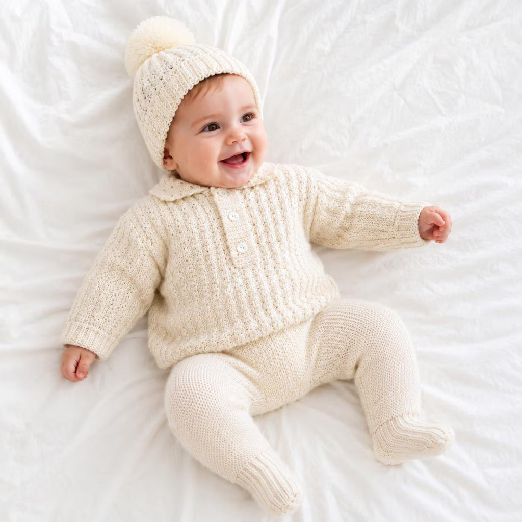 Baby Knitting Pattern Set, Textured Pullover, Leggings and Pom Pom Hat