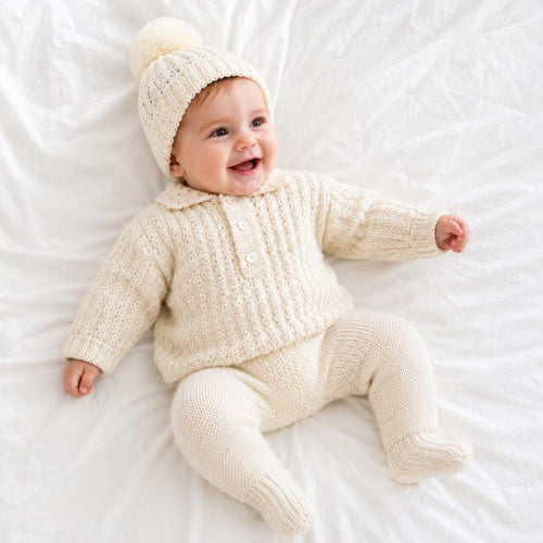 Baby Knitting Pattern Set, Textured Pullover, Leggings and Pom Pom Hat