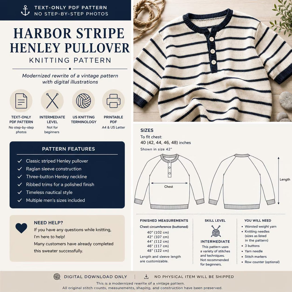 Harbor Stripe Henley Pullover Knitting Pattern