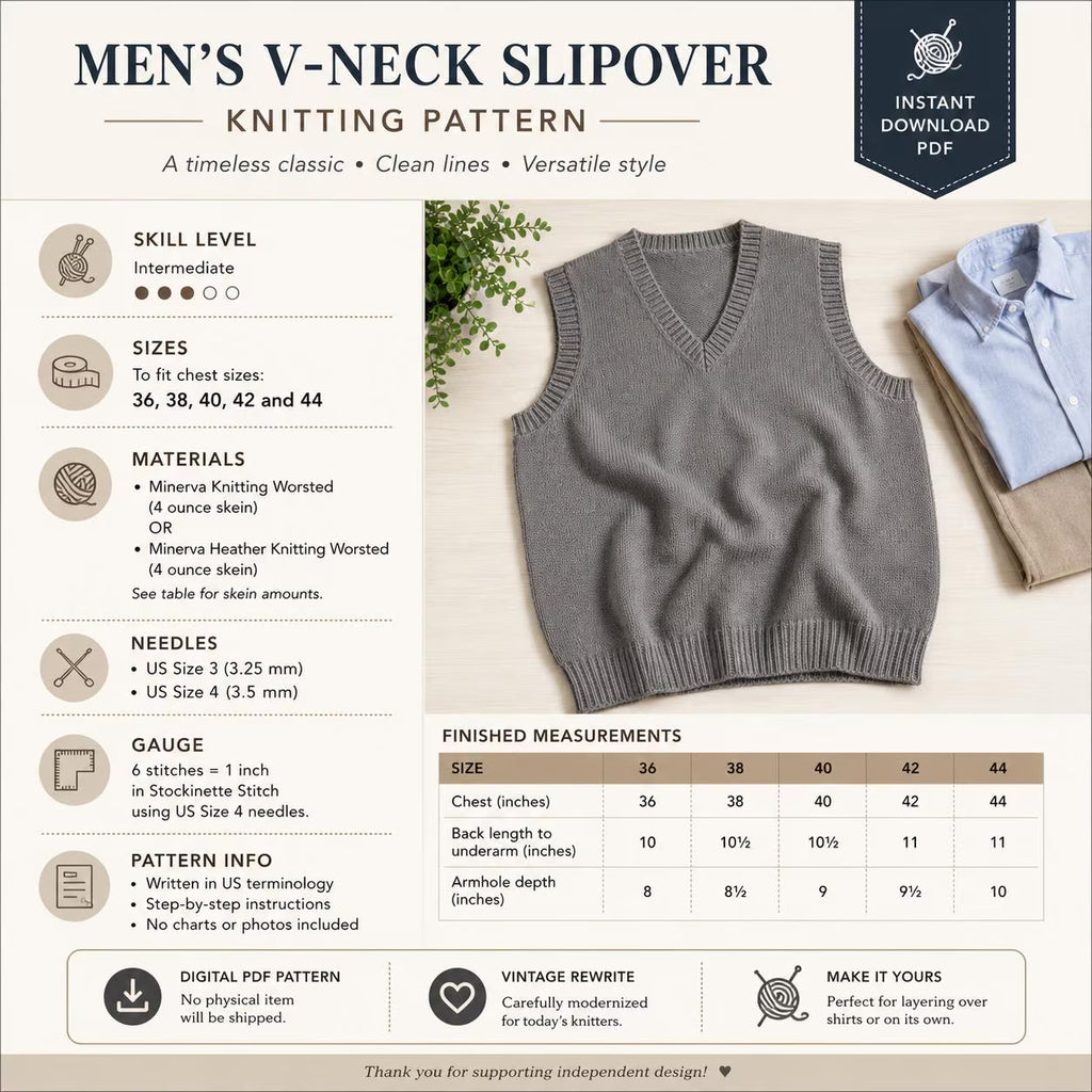 Men's V-Neck Slipover Knitting Pattern