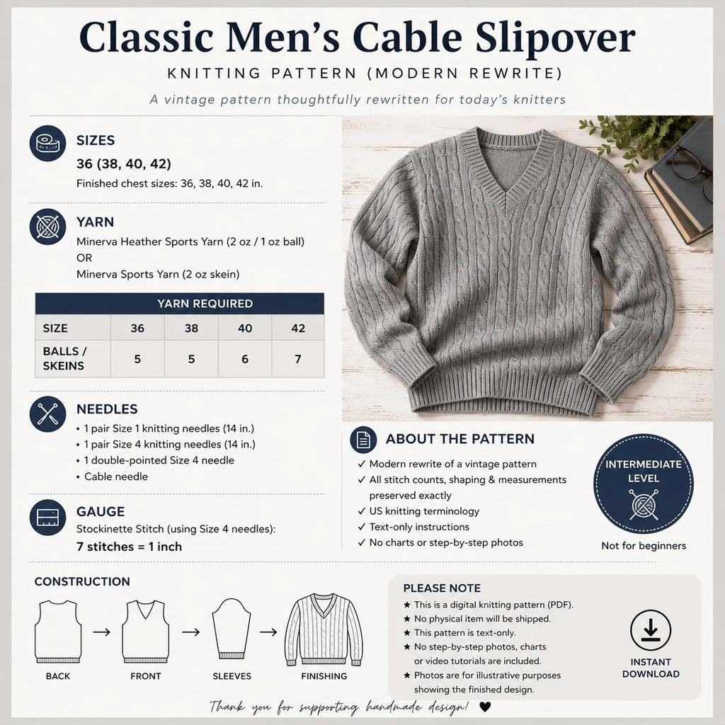 Men's Cable Slipover Knitting Pattern, V-Neck Sweater Pullover