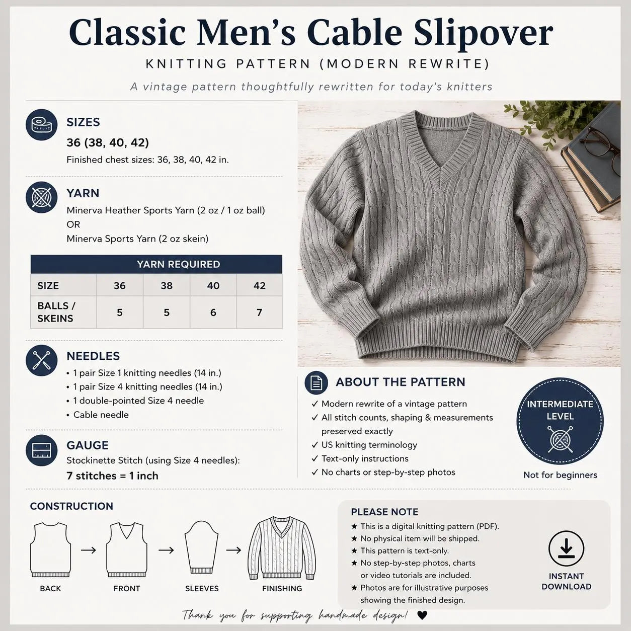 Men's Cable Slipover Knitting Pattern, V-Neck Sweater Pullover