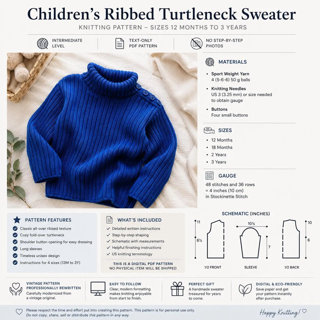 Children's Ribbed Turtleneck Sweater Knitting Pattern