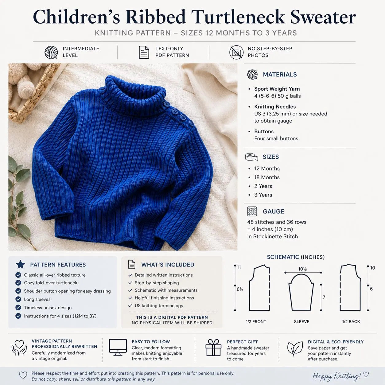 Children's Ribbed Turtleneck Sweater Knitting Pattern