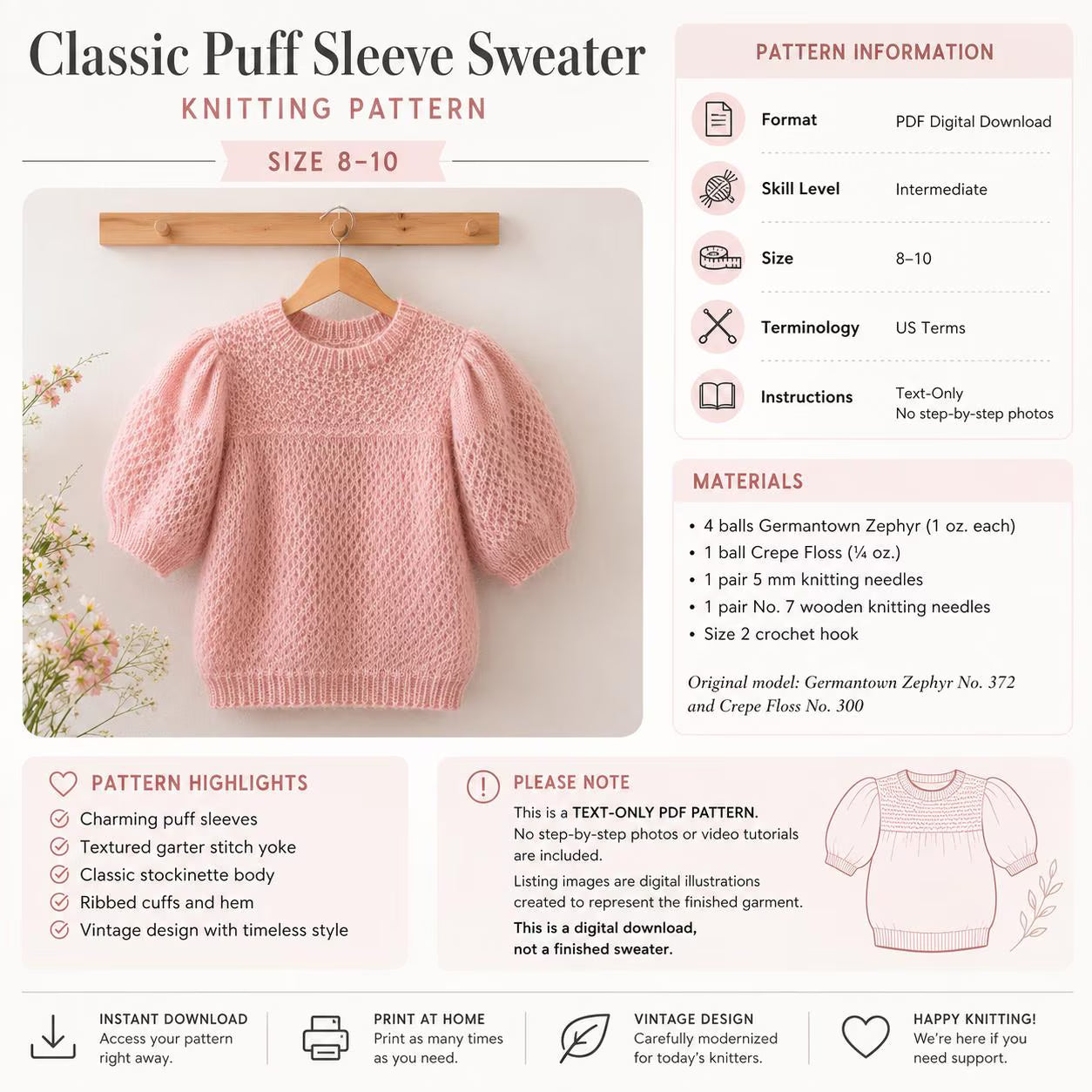 Girls Puff Sleeve Sweater Knitting Pattern