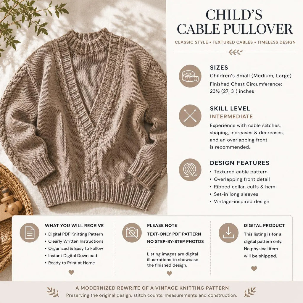 Child’s Cable Pullover Knitting Pattern