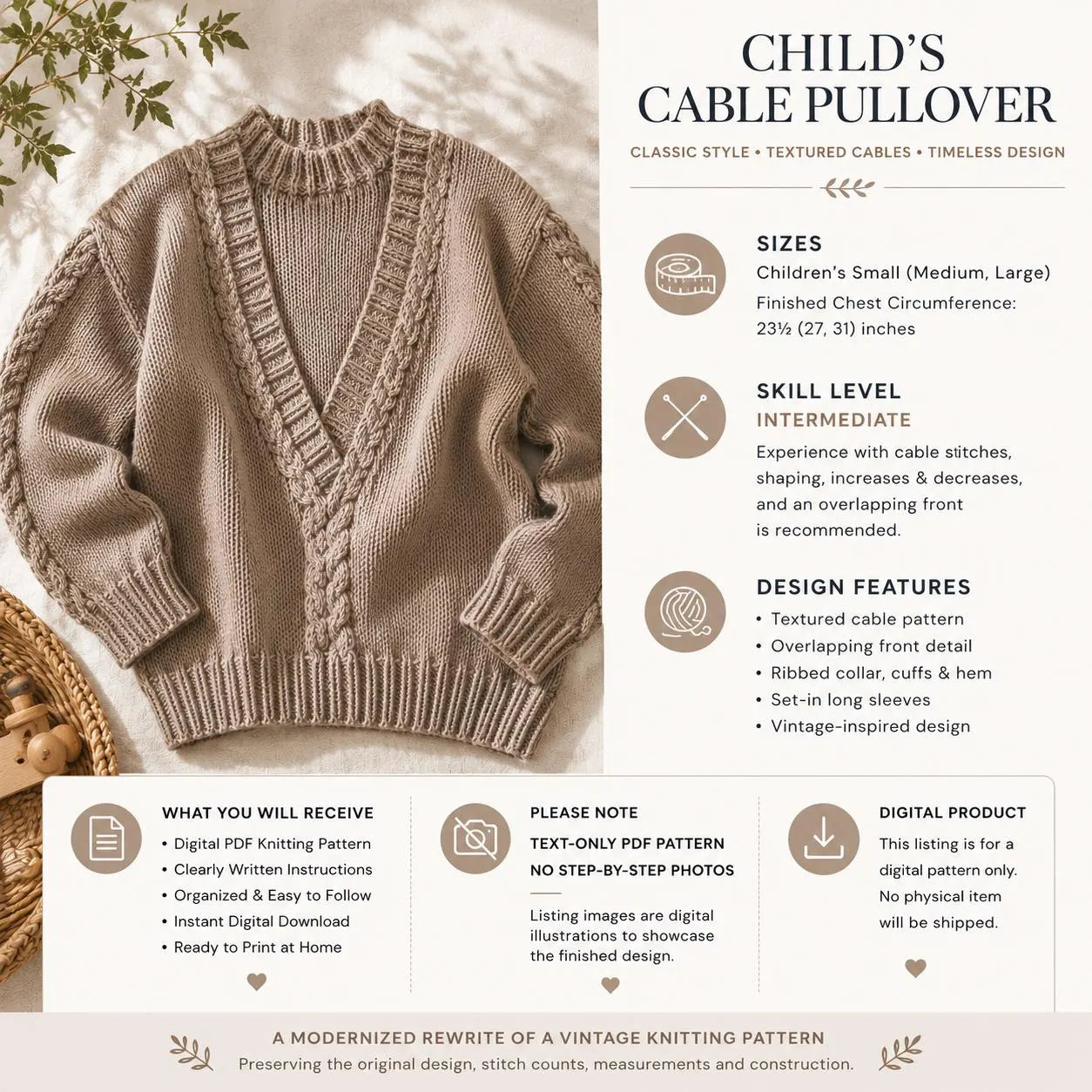 Child’s Cable Pullover Knitting Pattern