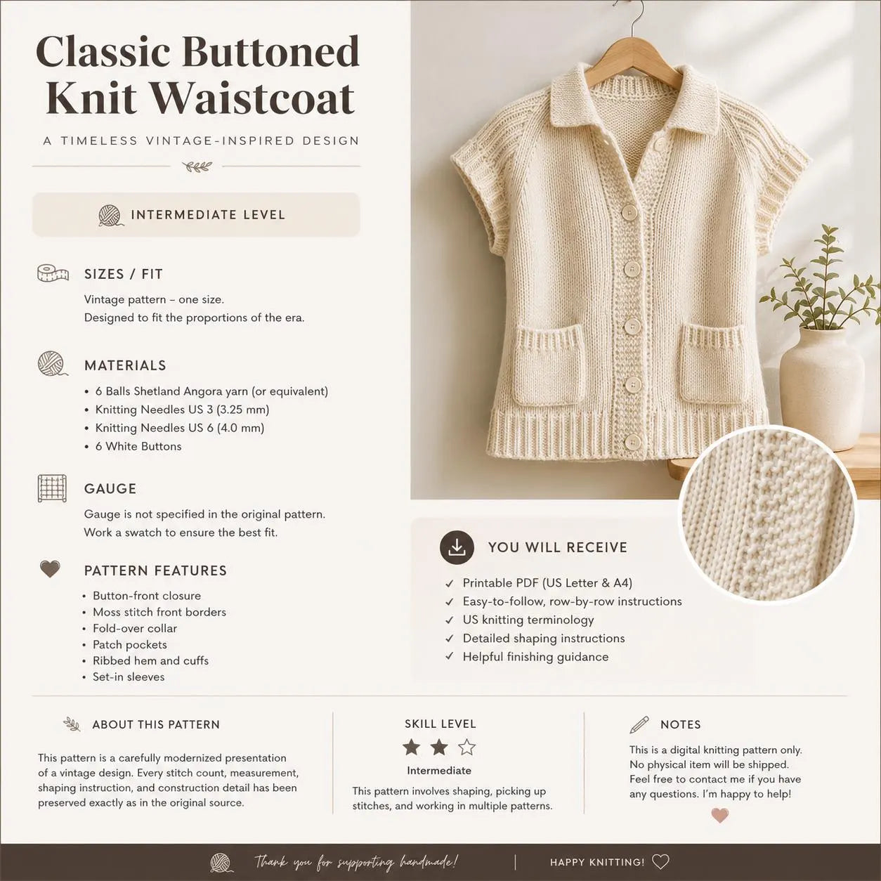 Classic Buttoned Knit Waistcoat Pattern