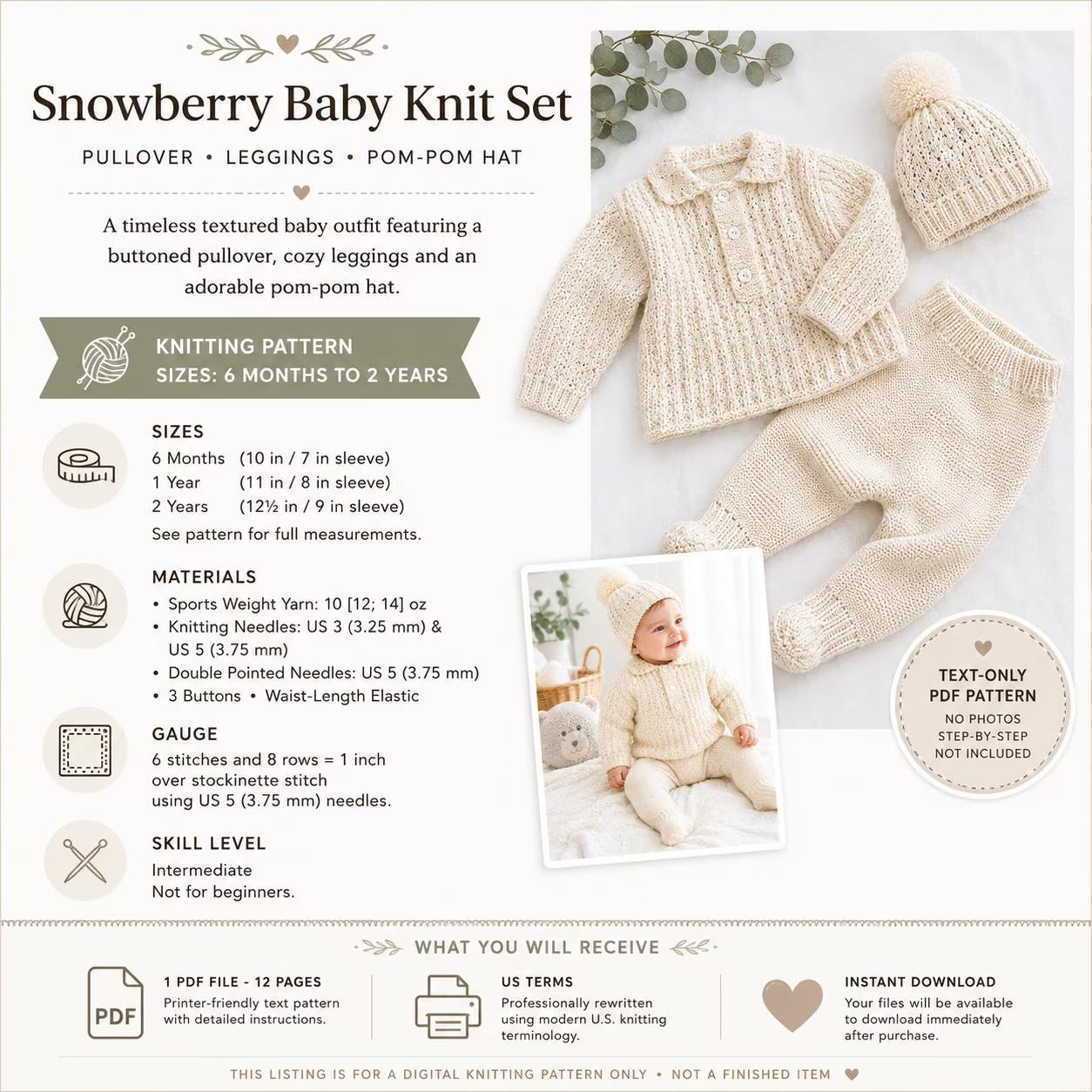 Baby Knitting Pattern Set, Textured Pullover, Leggings and Pom Pom Hat