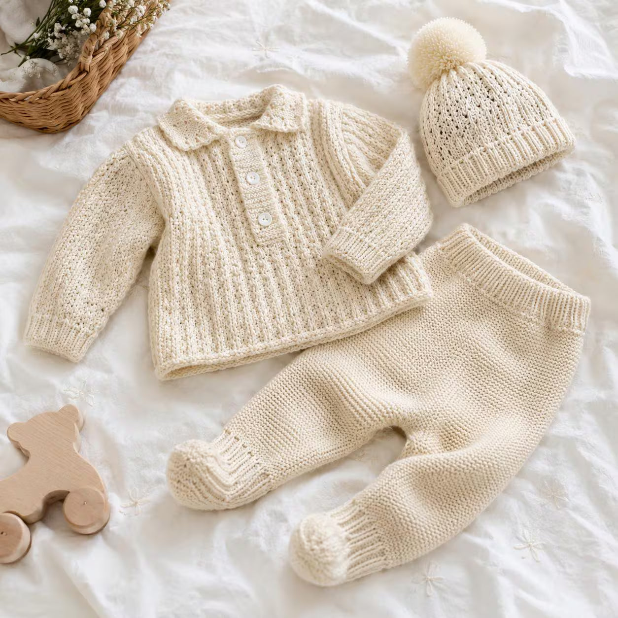 Baby Knitting Pattern Set, Textured Pullover, Leggings and Pom Pom Hat