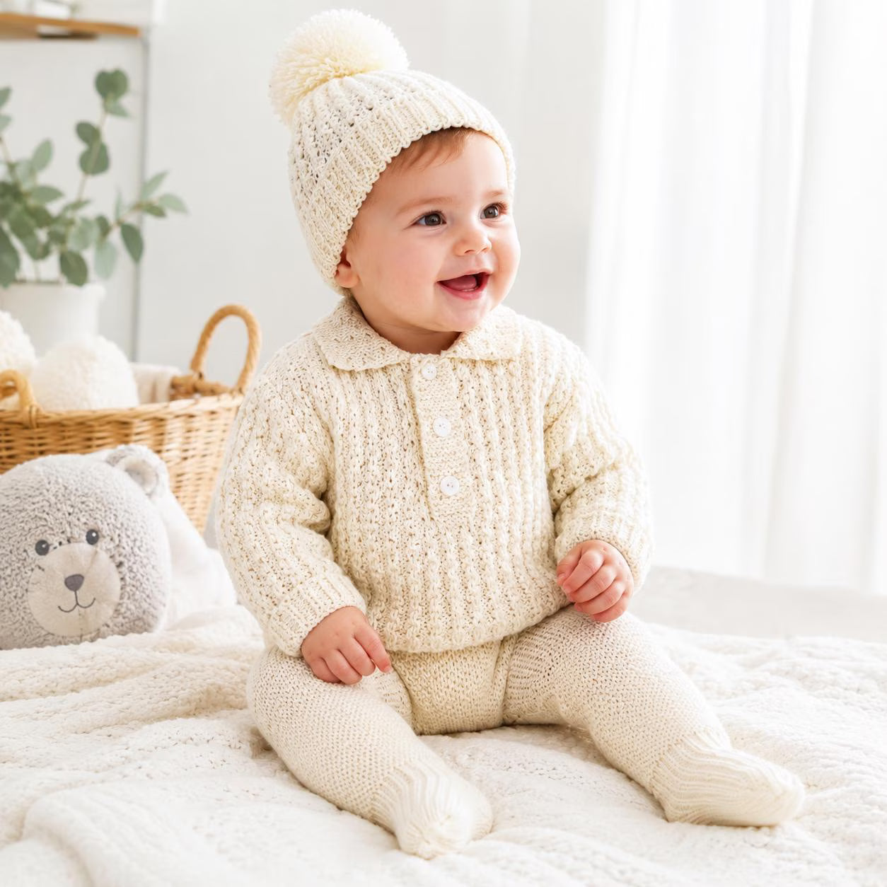 Baby Knitting Pattern Set, Textured Pullover, Leggings and Pom Pom Hat