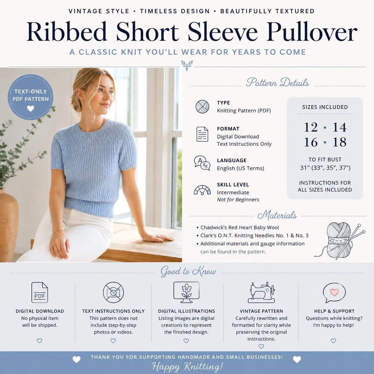 Classic Ribbed Short Sleeve Pullover Knitting Pattern